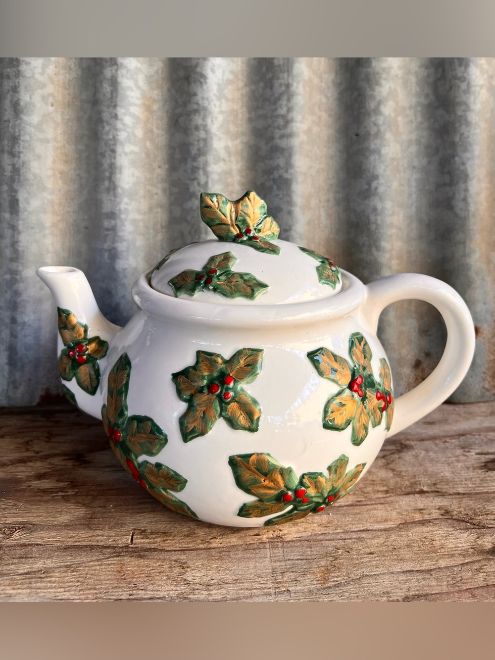 Vintage Jackson & Perkins Christmas Holly Ceramic Teapot with Lid